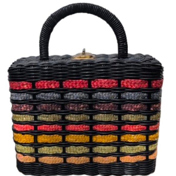 Handbags - Vintage 1950s Wicker Black And Striped Handbag With Metal Closure
